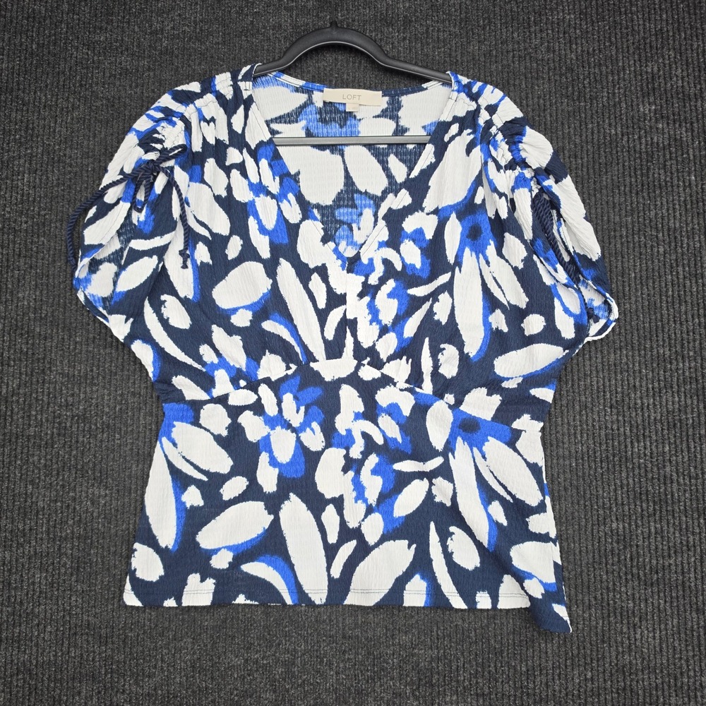 Loft Blue White Floral V-Neck Blouse Cinched Tie Sleeve Top Size L